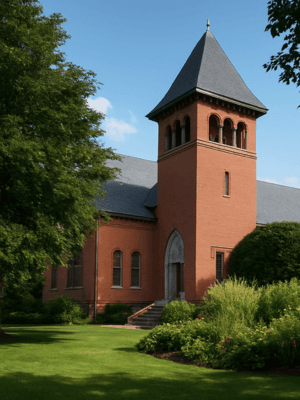 Exterior of an early 1900s brick abbey surrounded by trees