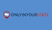 Logo for "Only in Your State" featuring a map pin and text on a blue background.