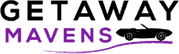 Logo for "Getaway Mavens" featuring bold, purple text and a car silhouette.