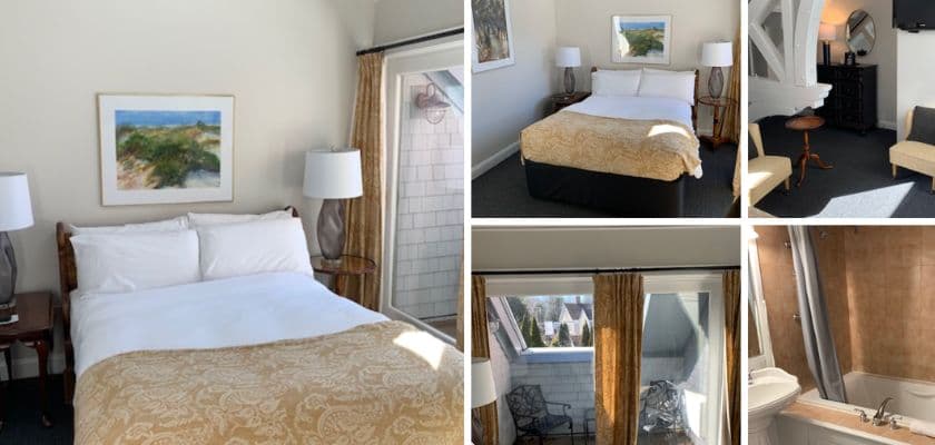 Collage of a cozy guest room featuring a neatly made bed with patterned bedding, bedside lamps, a small seating area, balcony view with chairs, and a bathroom with tub and shower.