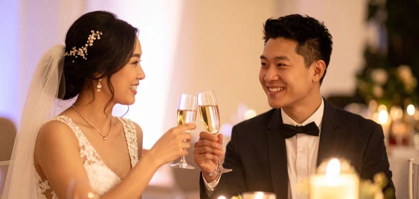 Bride and groom smiling at each other while toasting with champagne glasses at their wedding reception, surrounded by warm candlelight.