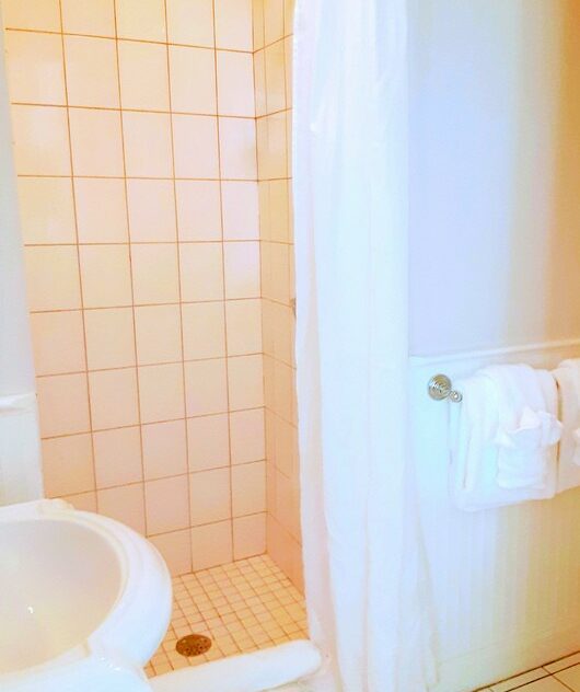 A bathroom with tiled shower is shown